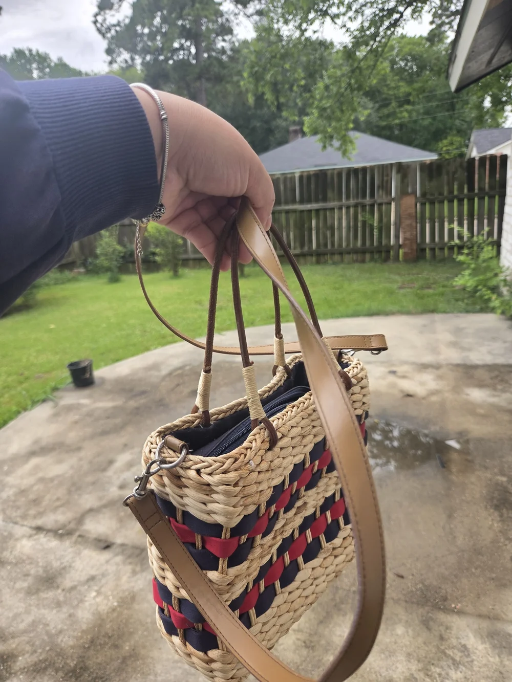 Woven Straw Crossbody Bag with Navy & Red Accents